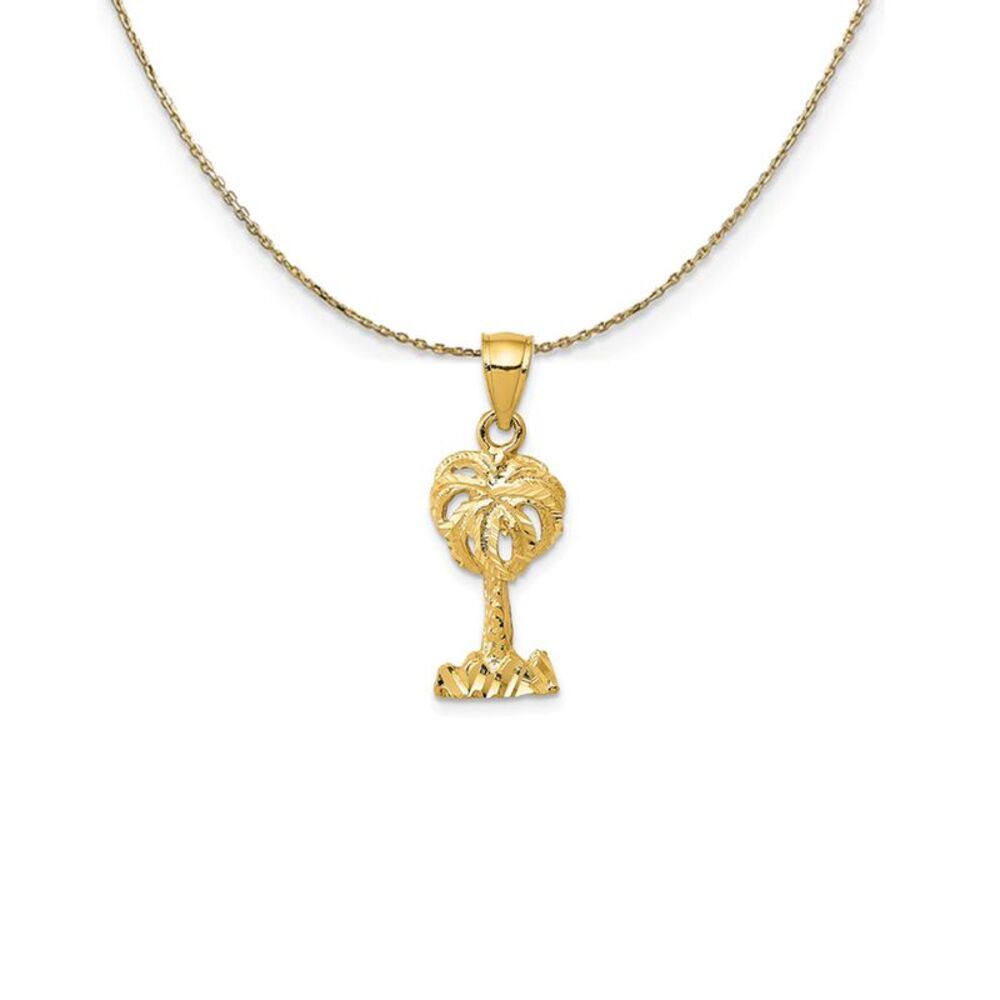 14k Yellow Gold Small Diamond-Cut Palm Tree (25mm) Necklace - 24 Inch